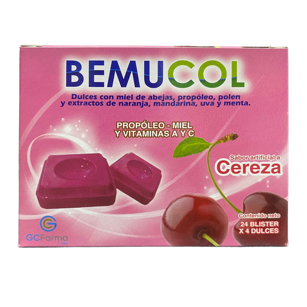 Bemucol Cereza (Propoleo+Miel+Vitaminas A y C) Caja x 24 Sobre x 4 Tabletas (GC-Pharma)